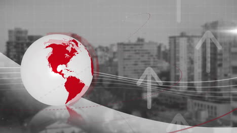 animación de flujo de datos global y crecimiento sobre el fondo del paisaje urbano