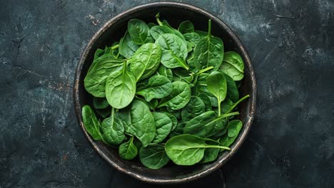 fresh spinach leaves in a rustic metal bowl on dark background