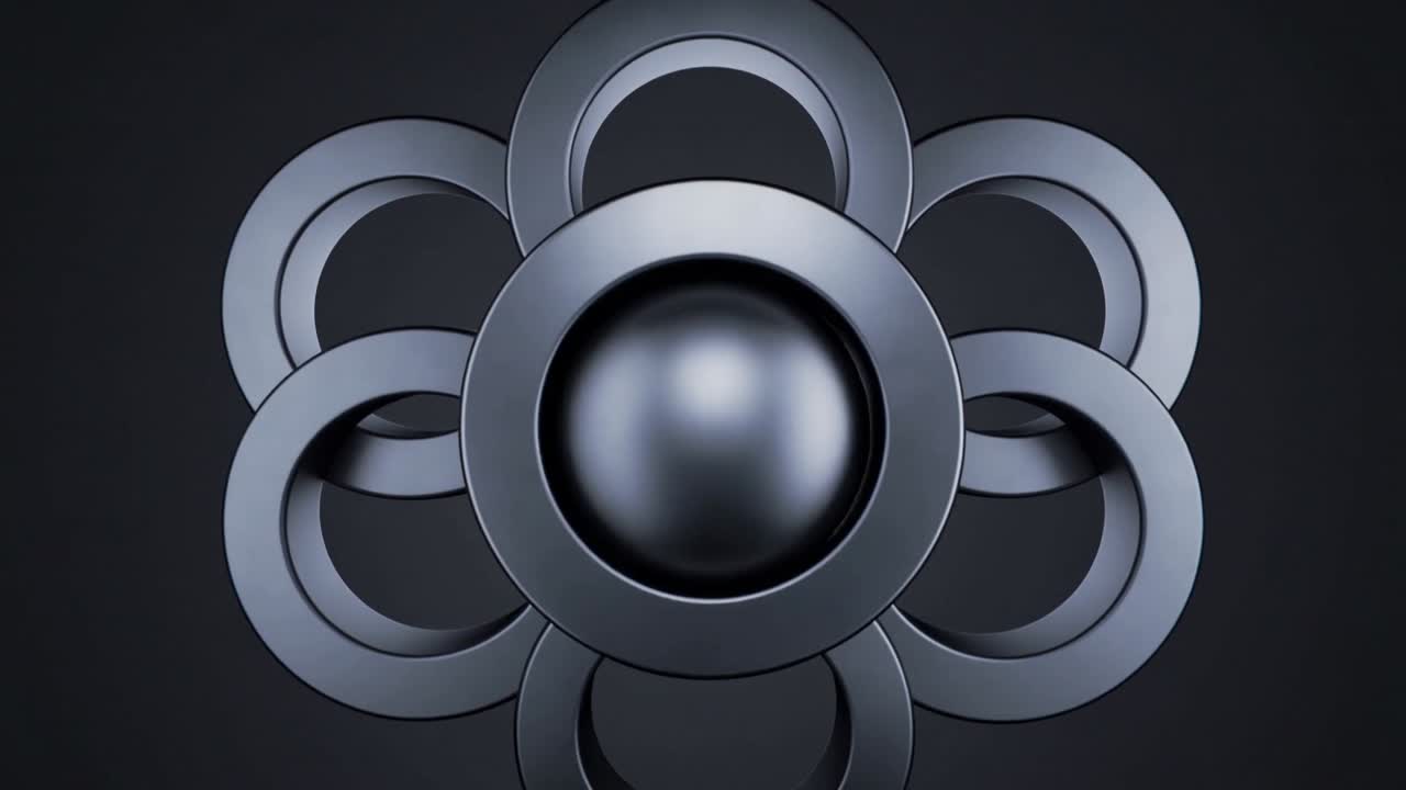 Animating ring assembly rotating and shifting in studio, revealing central glossy metal sphere