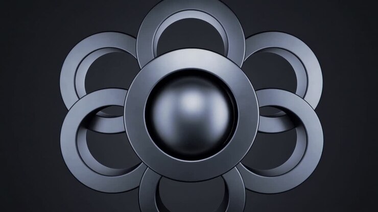 Animating ring assembly rotating and shifting in studio, revealing central glossy metal sphere