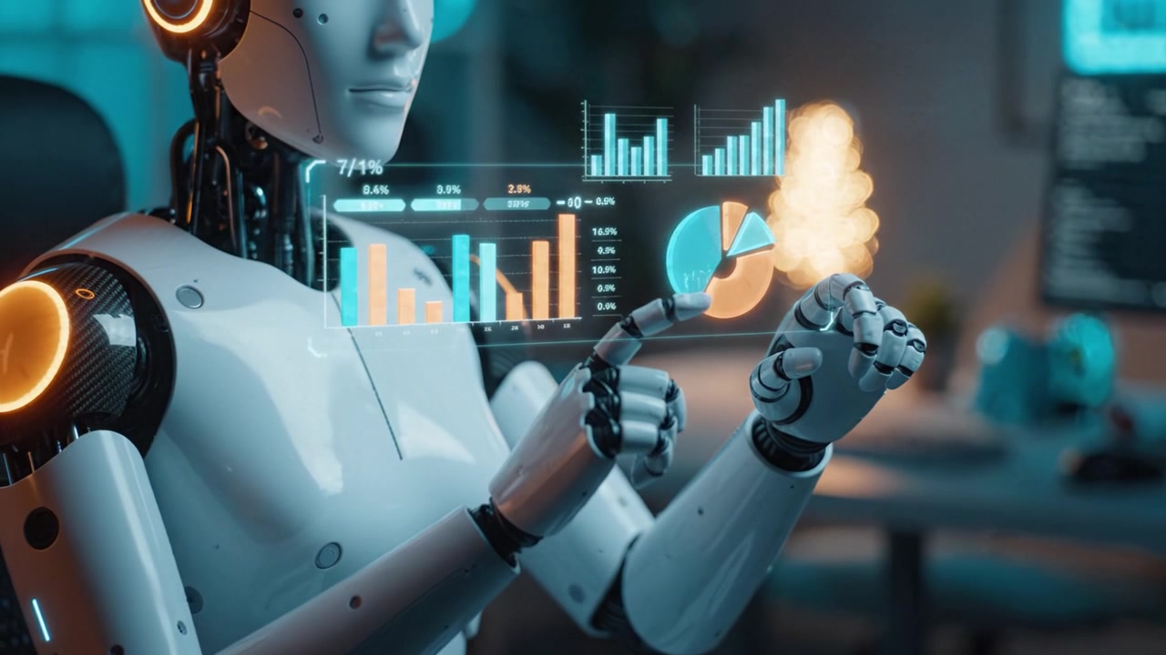 Futuristic humanoid robot displaying data analytics in a modern workspace, showcasing advanced technology integration and innovative design in artificial intelligence.