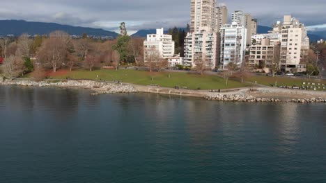 Various-drone-shots-at-English-Bay-near-downtown-Vancouver,-BC-during-Polar-Bear-2019-event