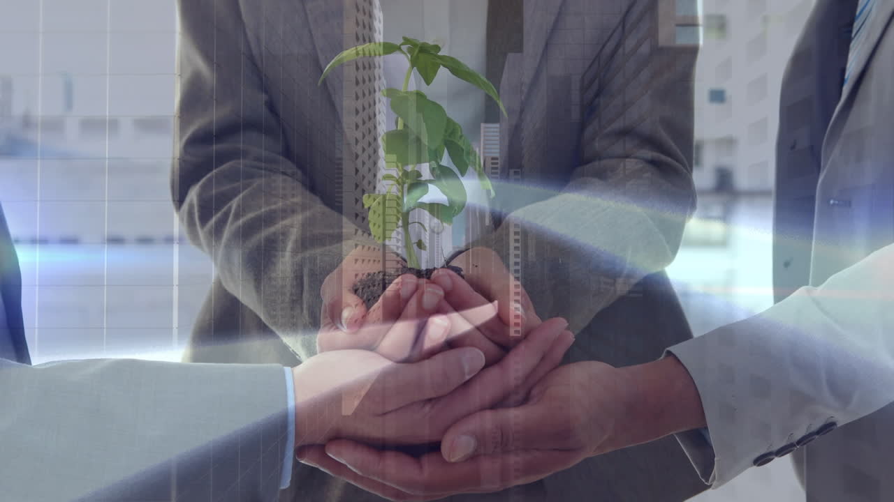 플랜트  ⁇ 플링을 수행하는 세 명의 사업가의 중간 섹션에 대한 빛의 트레일의 애니메이션