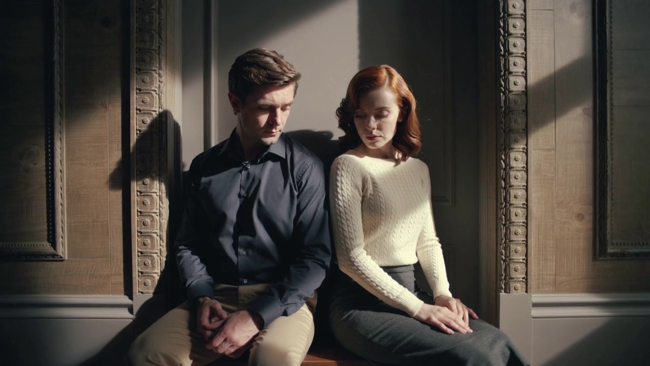 Sitting pair wearing neat clothes in silence folding hands, heads down in formal room, wooden bench