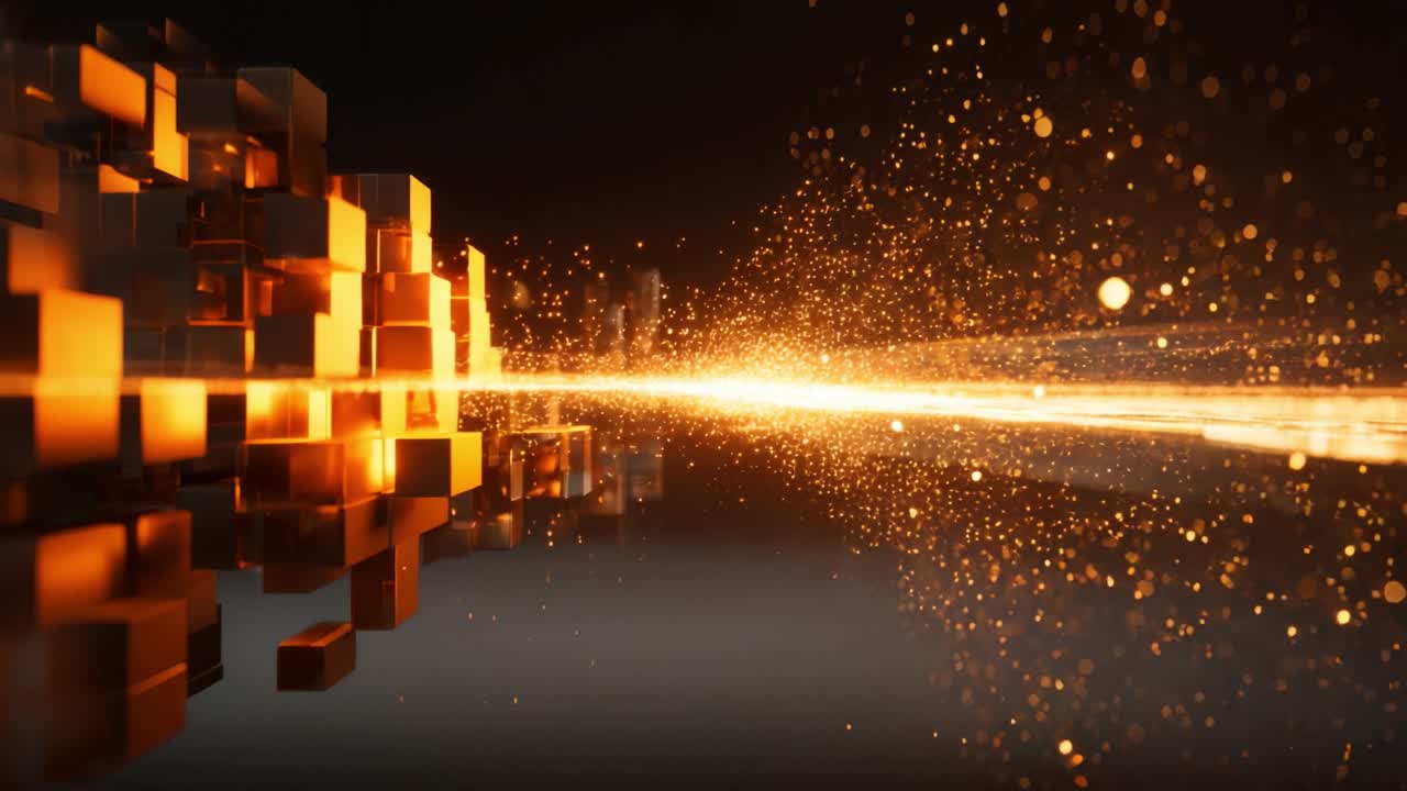 A mesmerizing visual of glowing particles and dynamic light streaks. This stunning display of vibrant oranges and intricate cube patterns creates a captivating atmosphere of digital wonder