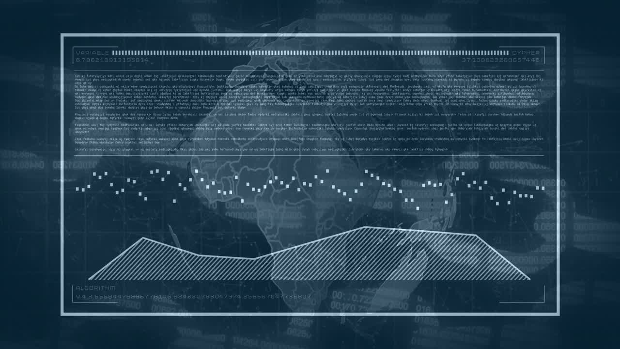 어두운 배경 위의 데이터 처리 및 세계 지도의 애니메이션