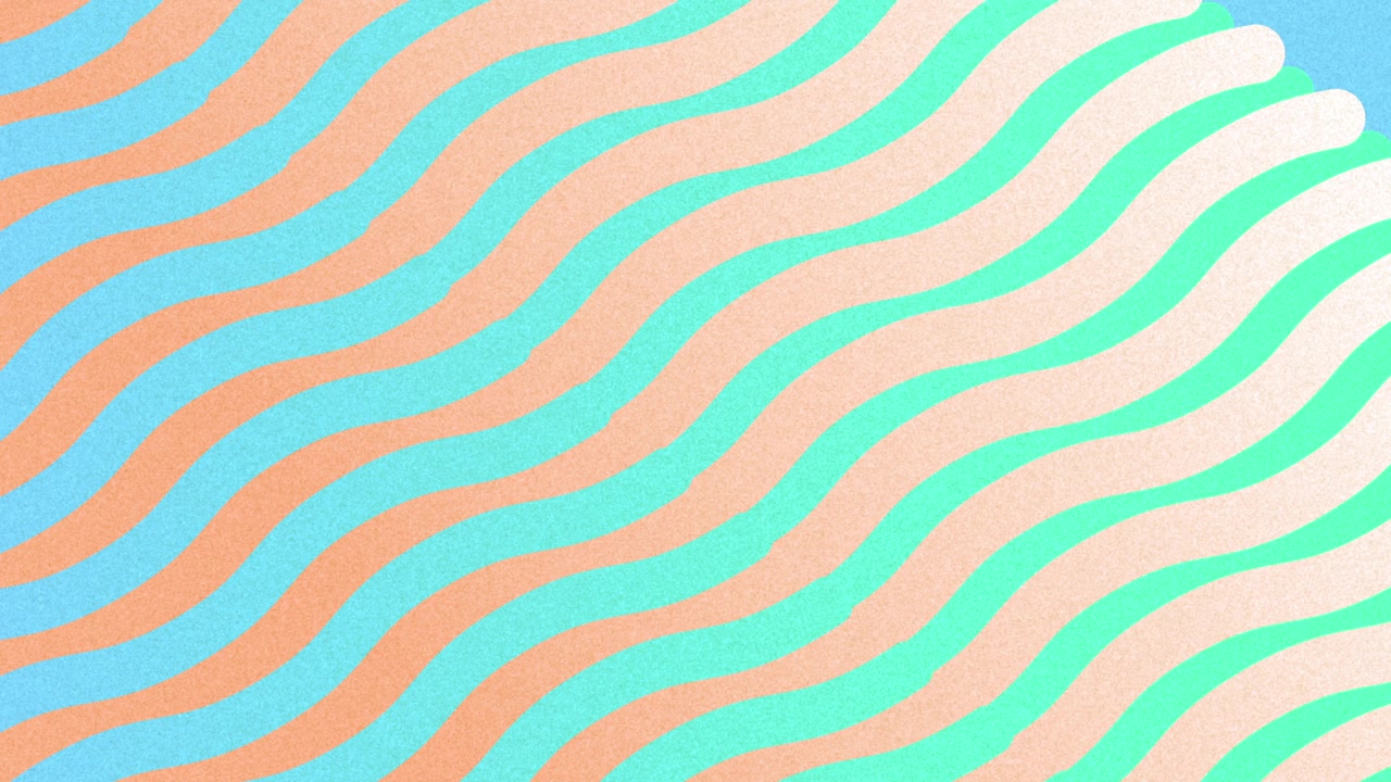 Looping peach and mint wavy bands emerging from lower-left and exiting top-right across blue canvas