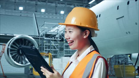 close up side view of asian female engineer with safety helmet working on a tablet while standing with aircraft in the hangar