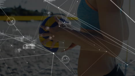 holding volleyball on beach, network connections and data processing animation