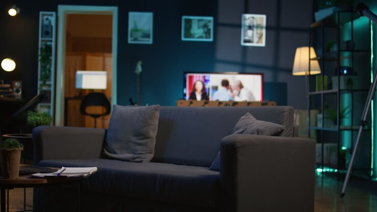 Empty stylish studio apartment with cool trendy decorations and equipment for a young man, minimalist space decorated with led neon lights. Cozy urban loft with a home theatre setup.