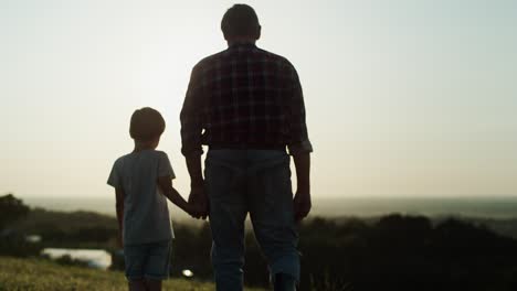 rear view video of grandfather and grandson walking at sunset