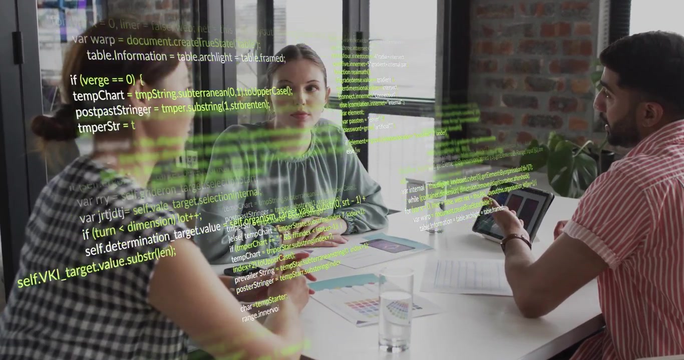 Business team meeting table, man presenting tablet and initiating AR overlay growing over scene