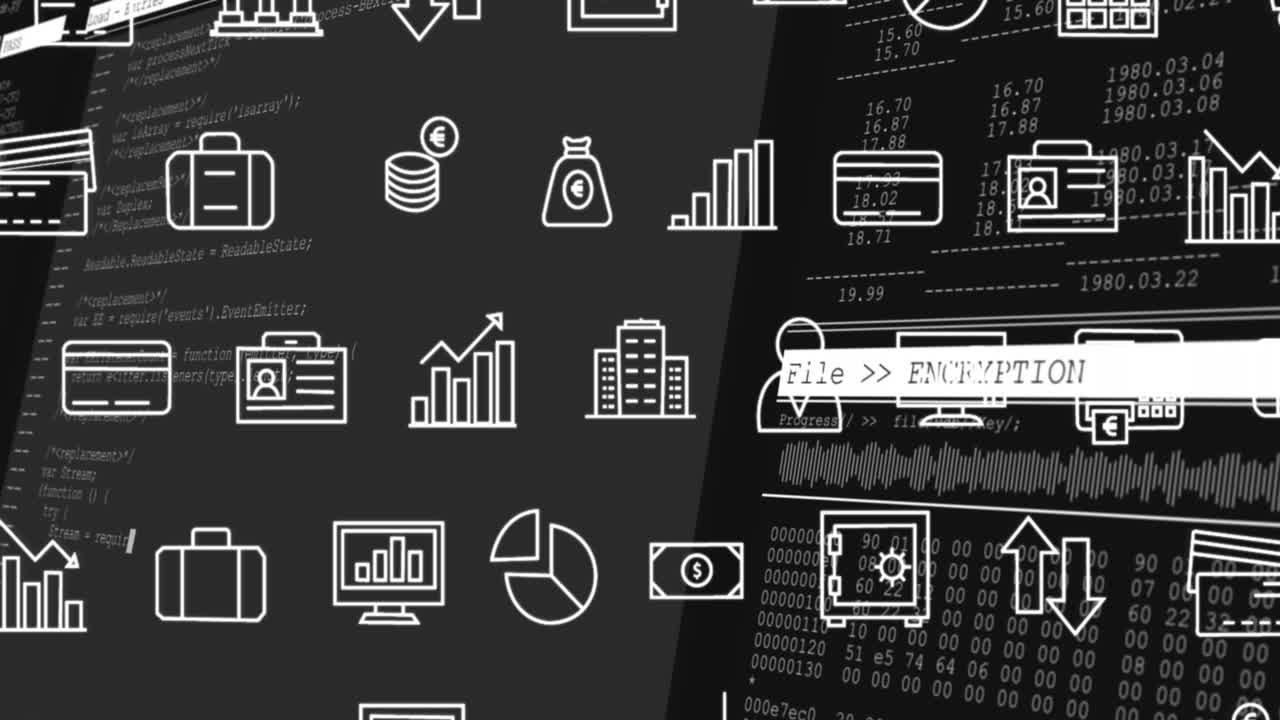 다중 디지털 아이콘과 검은색 배경에 대한 데이터 처리를 가진 인터페이스의 애니메이션