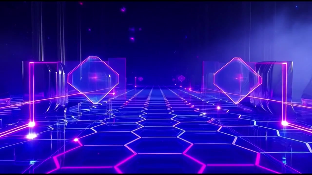 Futuristic Neon Hexagon Corridor with Floating Geometric Shapes