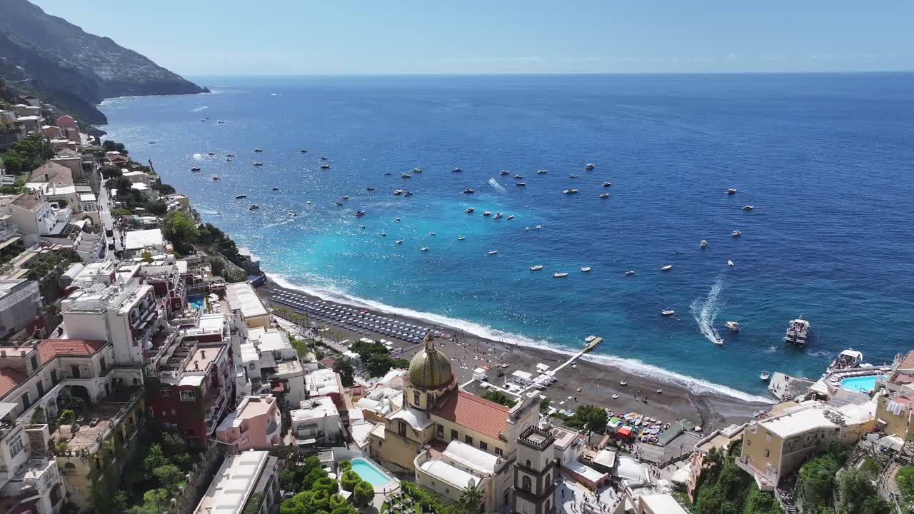Amalfi Coast At Positano In Salerno Italy. Coastal City. Waterfront Landscape. Amalfi Coast At Positano In Salerno Italy. Beach Scenery. Medieval Buildings. Amalfi Coast Skyline.