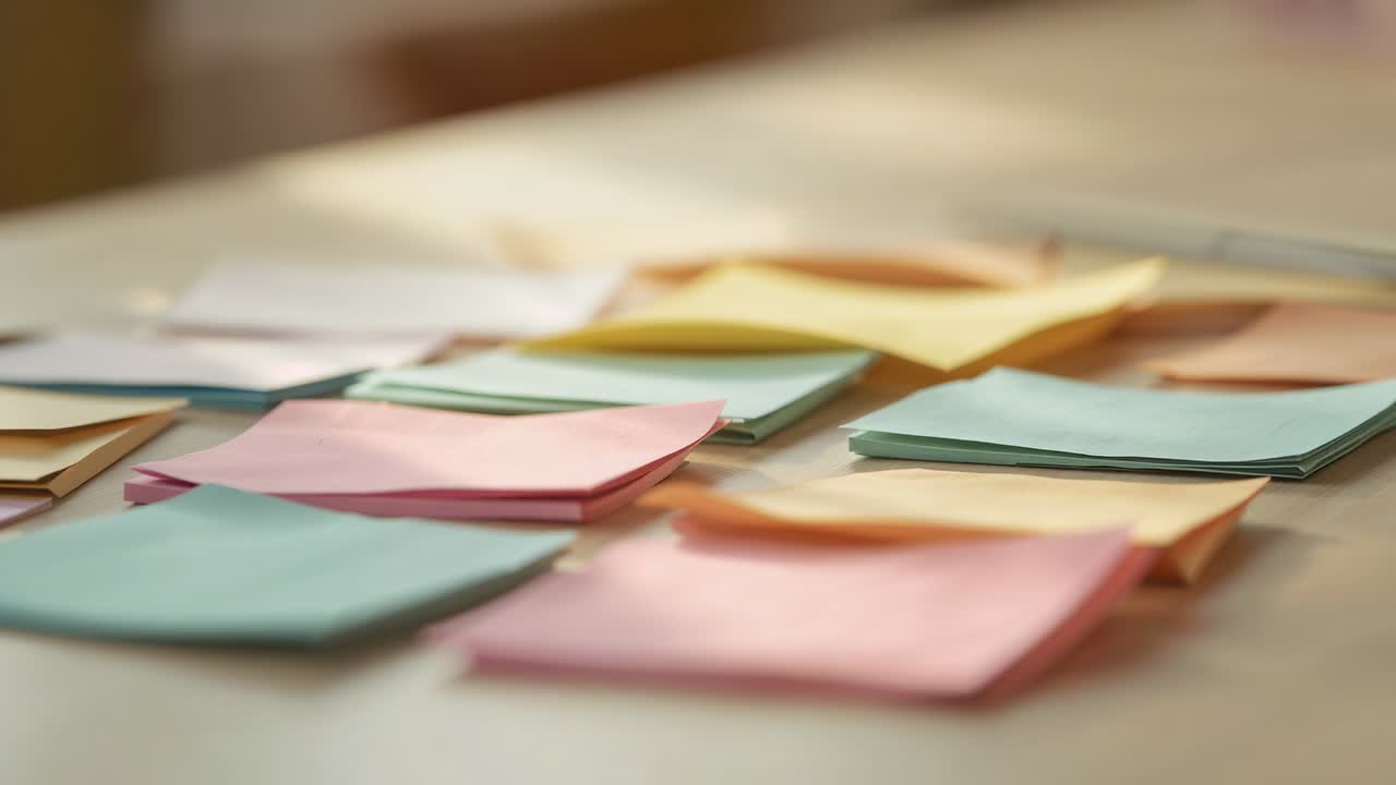 Pulling camera revealing pastel adhesive note pads on wooden table, showing texture and corner curl
