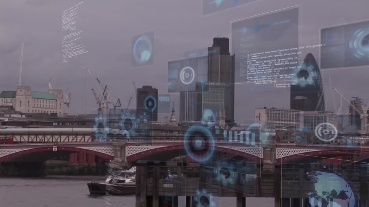 런던 시내 풍경에서 금융 데이터 처리의 애니메이션