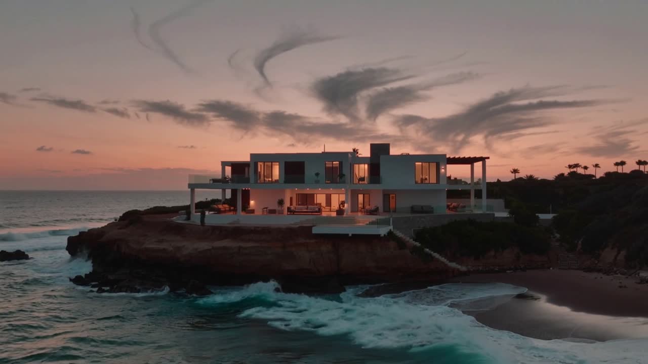 Vista aérea revelando uma casa de praia moderna de dois andares, exibindo janelas iluminadas e ondas quebrando ao anoitecer.