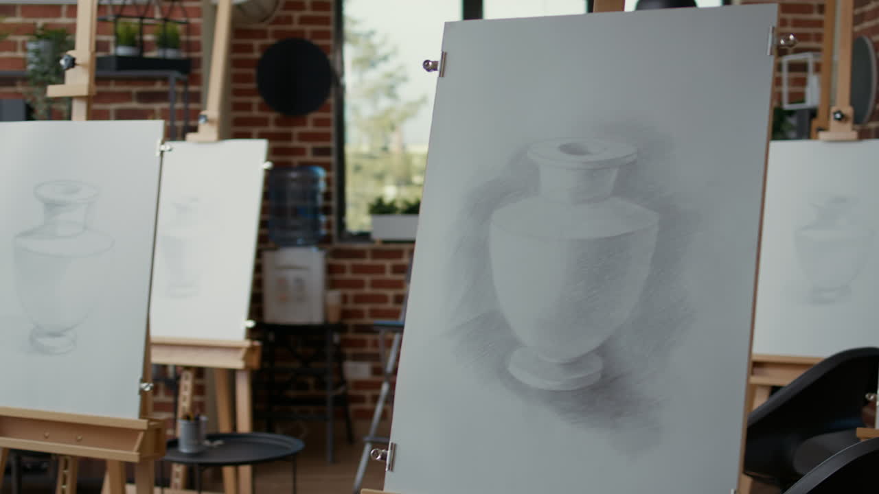 Empty creativity workshop for art class lesson with artistic tools