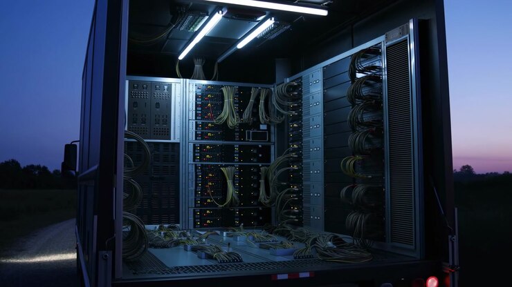 Rows of wired server hardware remain illuminated in the open rear compartment while cool interior lighting contrasts with a blue and pink evening sky beyond the vehicle.