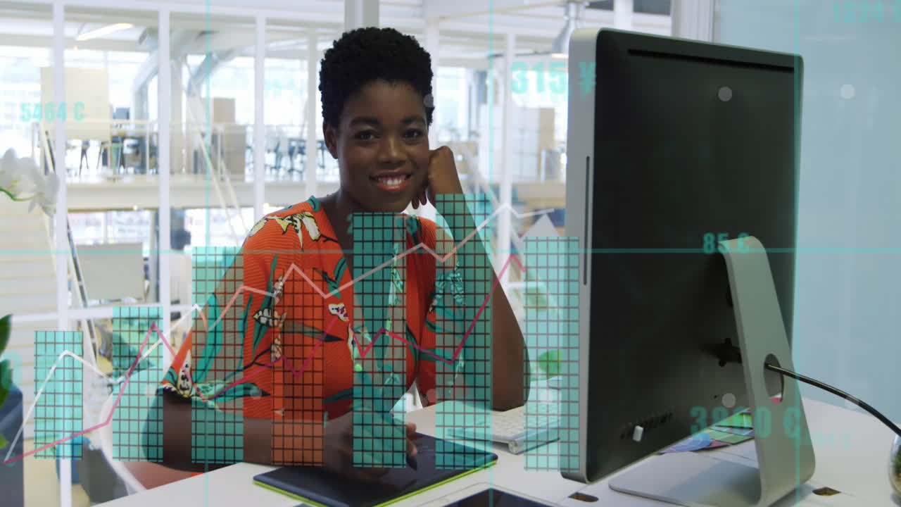 Animation of statistical data processing over african american woman using graphic tablet at office