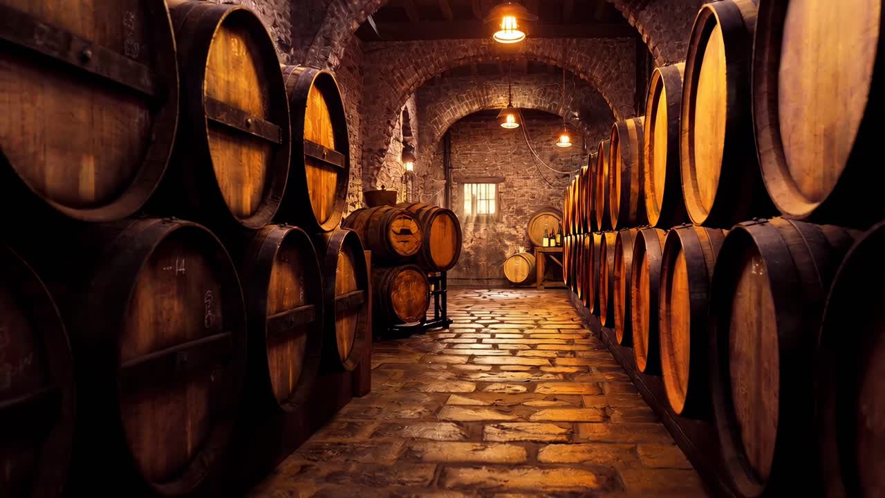 Cantina rustica con botti di legno, ripresa dal basso, ideale per un video vintage.