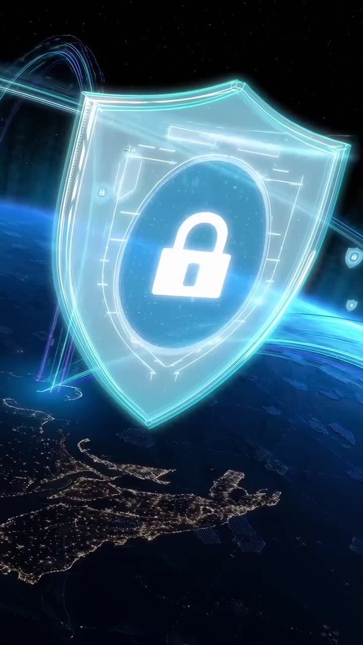 Terra dallo spazio con rete globale e scudi di sicurezza informatica.