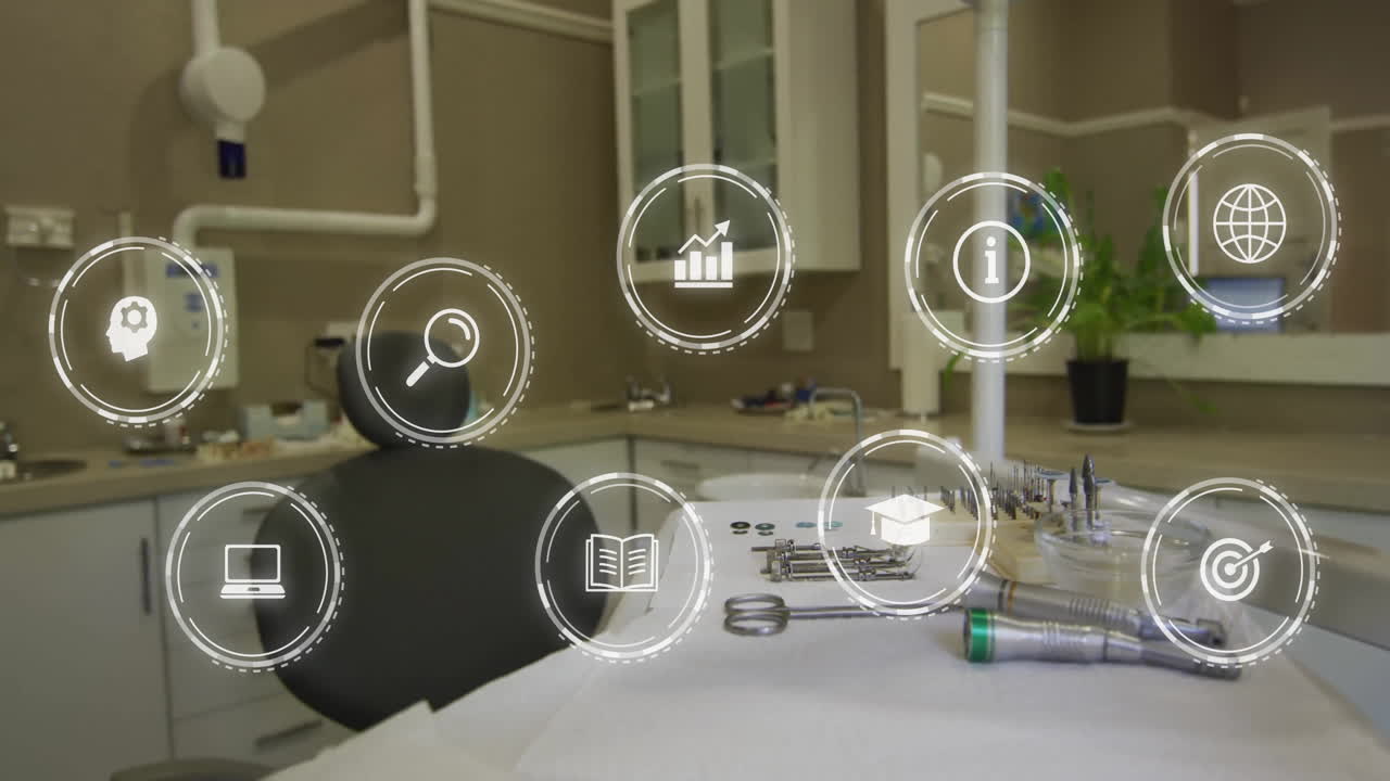 Dental tools and equipment on table with digital animation icons overlaying them