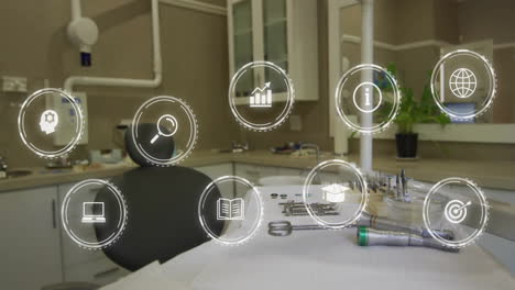 dental tools and equipment on table with digital animation icons overlaying them