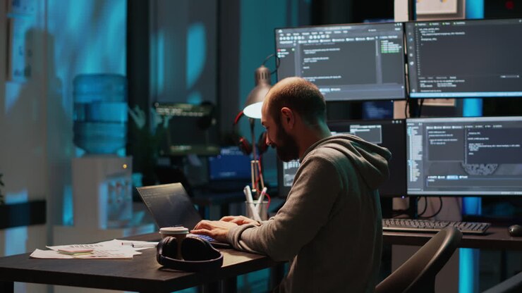 Man Coding on Computer at Desk