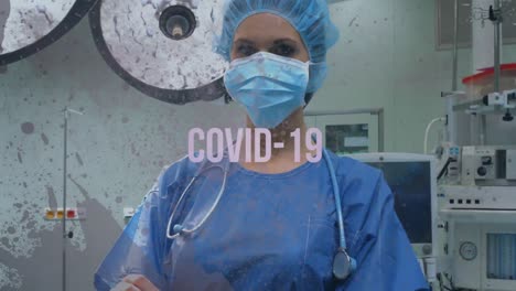 Covid-19-text-over-portrait-of-female-surgeon-wearing-surgical-mask-in-operation-theatre-at-hospital