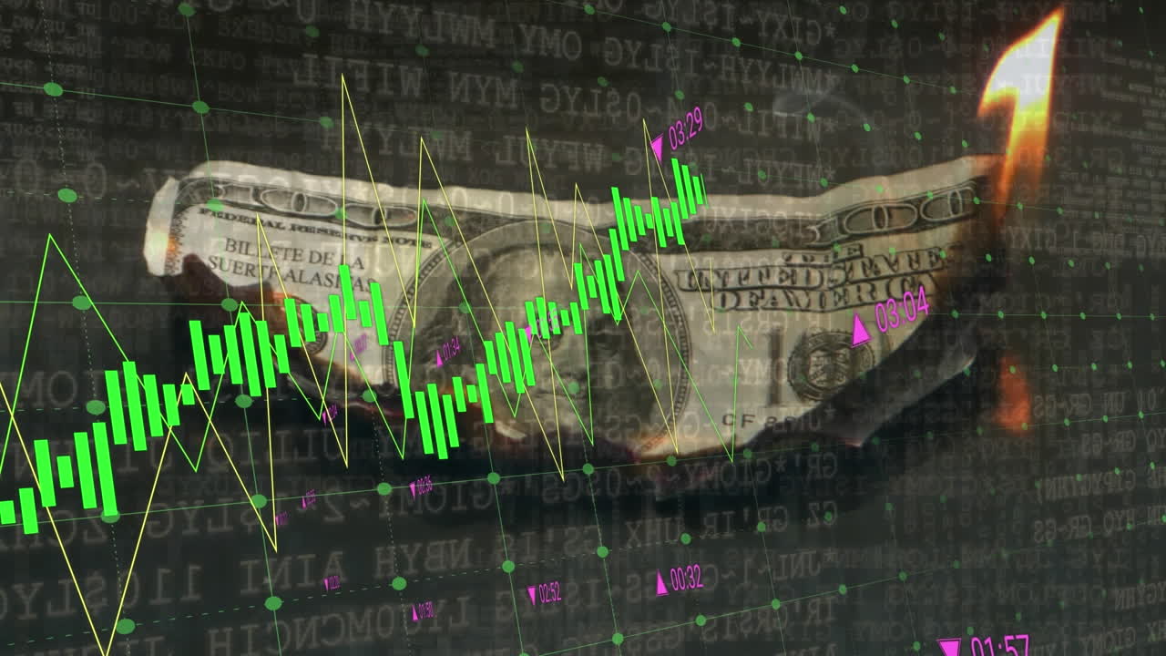 Animatie van financiële gegevensverwerking en statistieken over brandend Amerikaans dollarbiljet