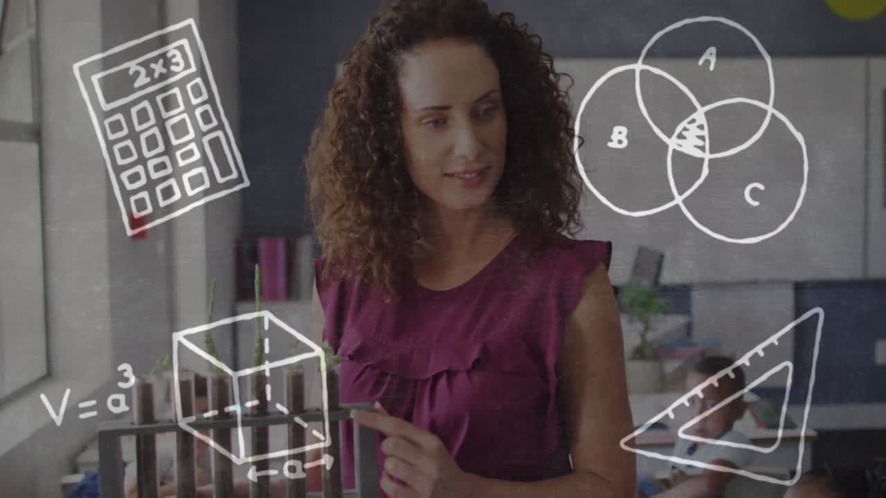 Teacher adjusting rack and explaining plant science with animated calculator Venn diagram icons