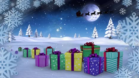 animación digital de nieve cayendo sobre cajas de regalos de navidad en el paisaje de invierno