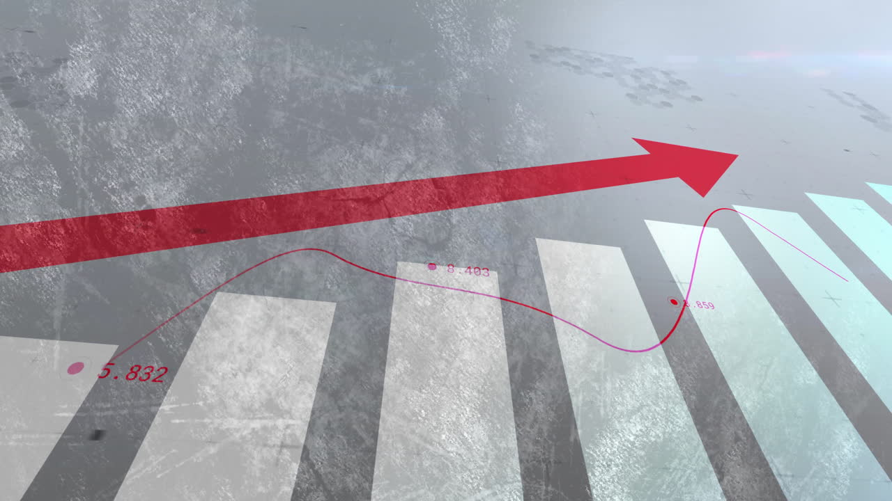 은 화살표와 선 그래프 애니메이션이 문자화 된 배경에 있는 바 차트 위에 있습니다.