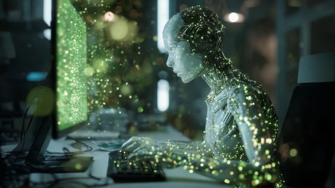 A futuristic robotic figure interacts with a computer, embodying the integration of technology and artificial intelligence in a digital workspace, immersed in a sea of glowing data
