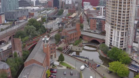 drone shot orbiting castlefield canals 02