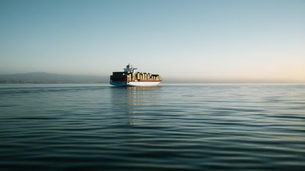 A solitary freighter gliding smoothly across the tranquil, reflective waters during the serene early morning hours with a gentle fog creating a calming backdrop