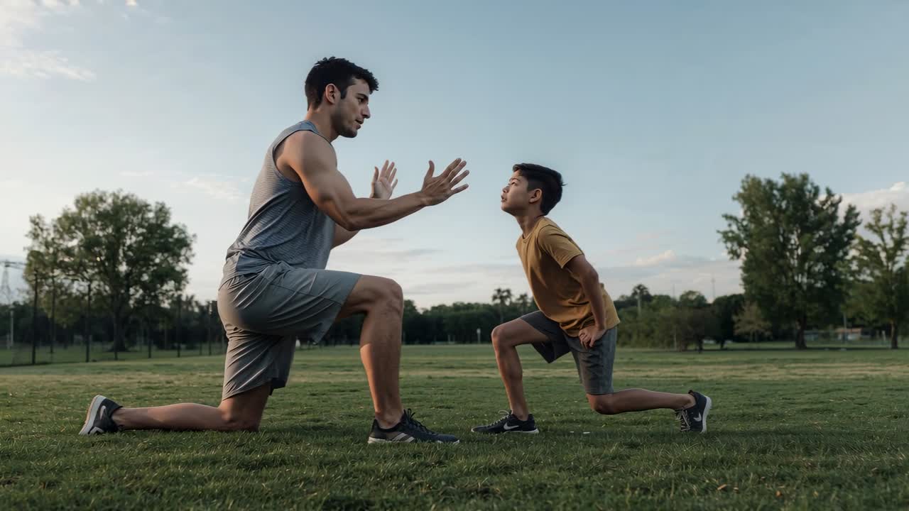 Showing form, coach guiding boy through lunges in park for training, with running shoes and shorts