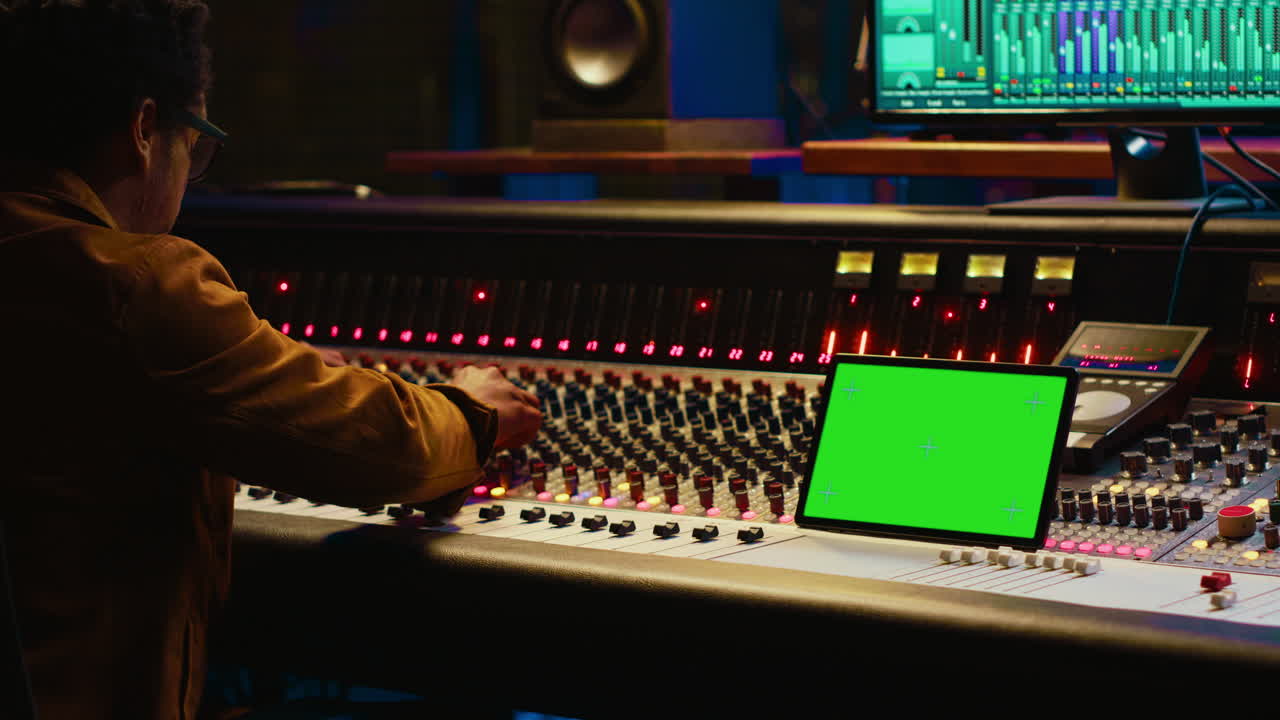 Tecnico audio professionista che registra tracce con mockup su tablet