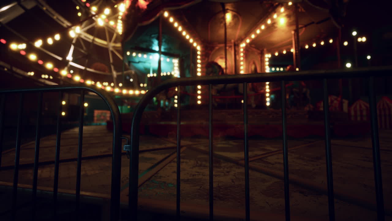 Deserted amusement park with carnival rides illuminated by colorful lights