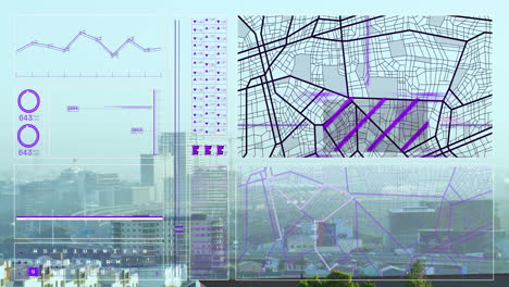 animación de la interfaz con el procesamiento de datos frente a una vista aérea del paisaje urbano