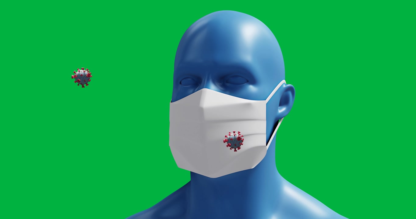Animaatio makro-koronavirus Covid-19 -soluista, jotka leijuvat 3D-ihmiskasvojen yllä.