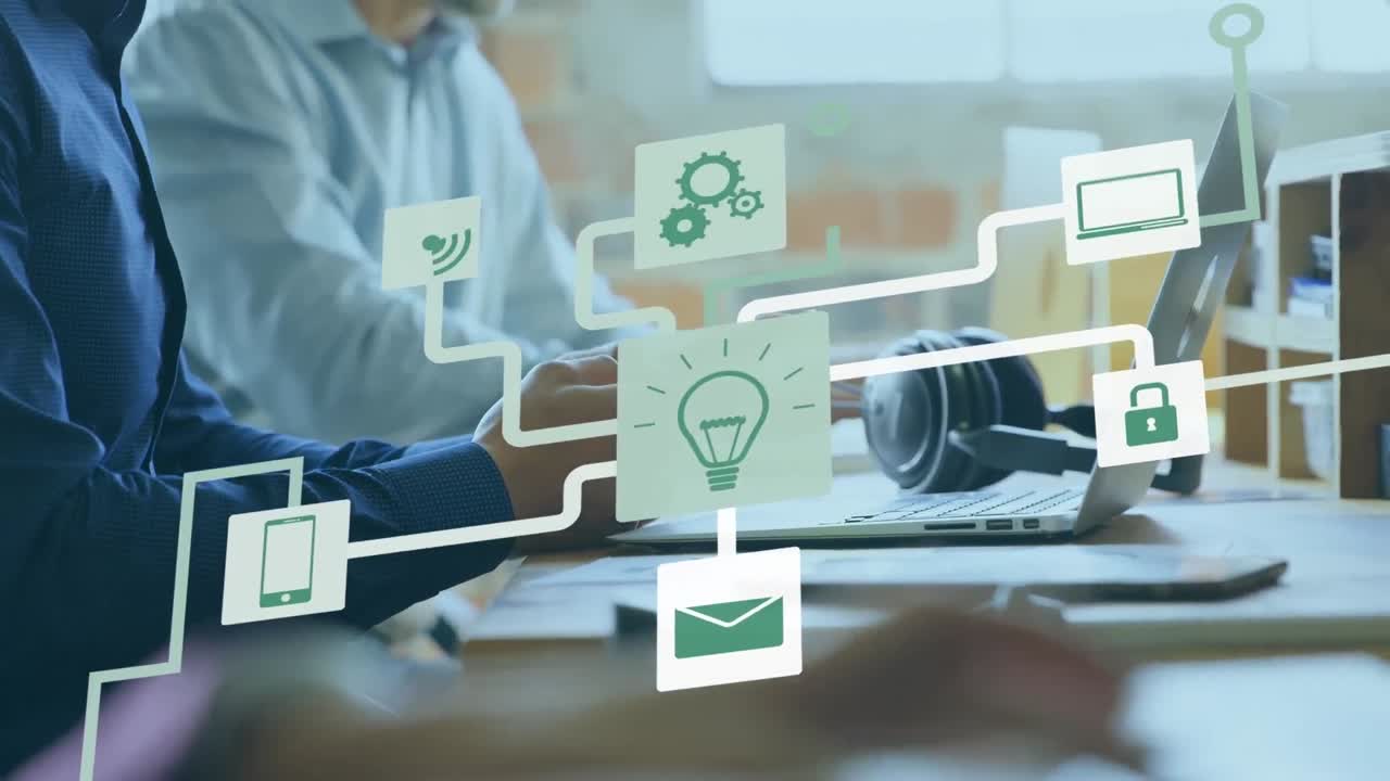 animación de la red de conexiones con iconos sobre el hombre caucásico usando un teléfono inteligente