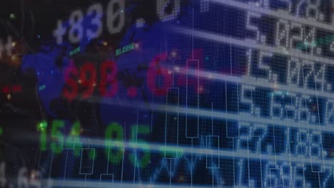 video compuesto digital del procesamiento de datos del mercado de valores sobre el mapa del mundo contra un fondo negro