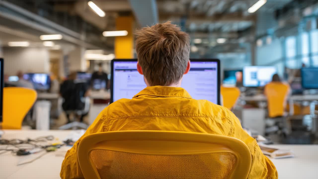 Focused Individual Engaged in Work at a Modern Office Space, Surrounded by Technology and Colleagues, Highlighting a Productive Collaborative Environment