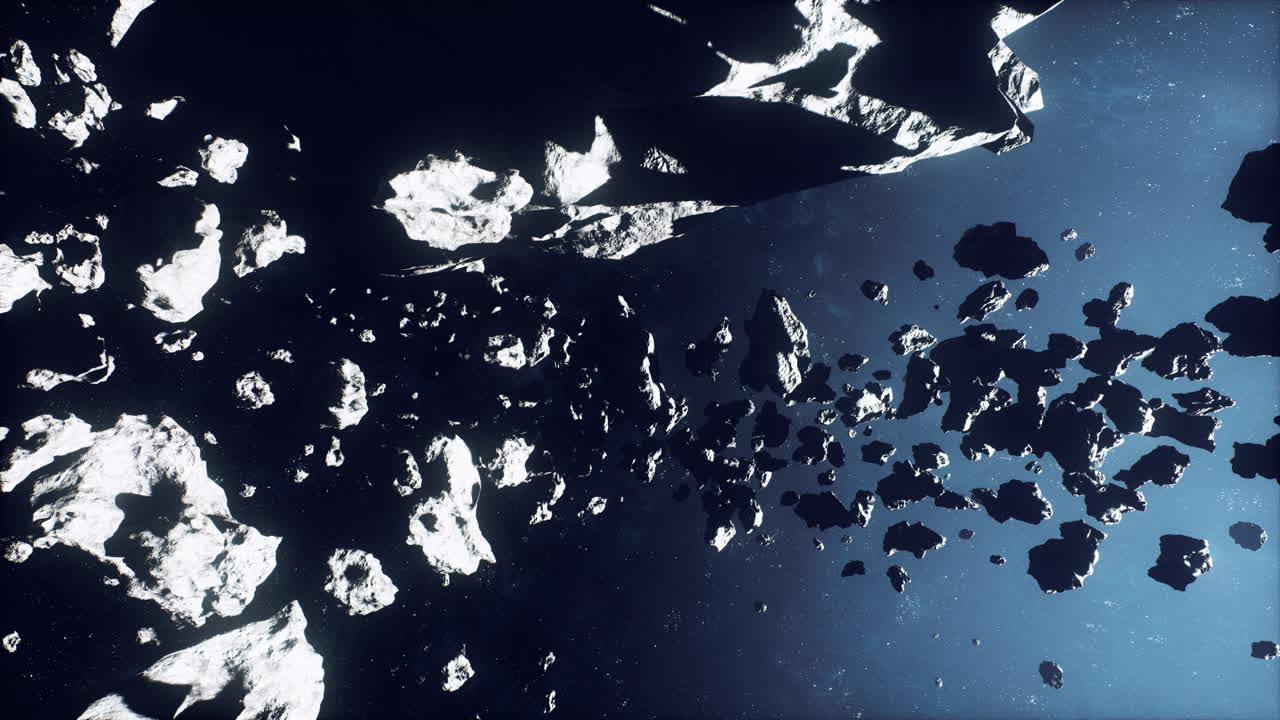 Glittering frozen asteroid fragments illuminated with strong light effects