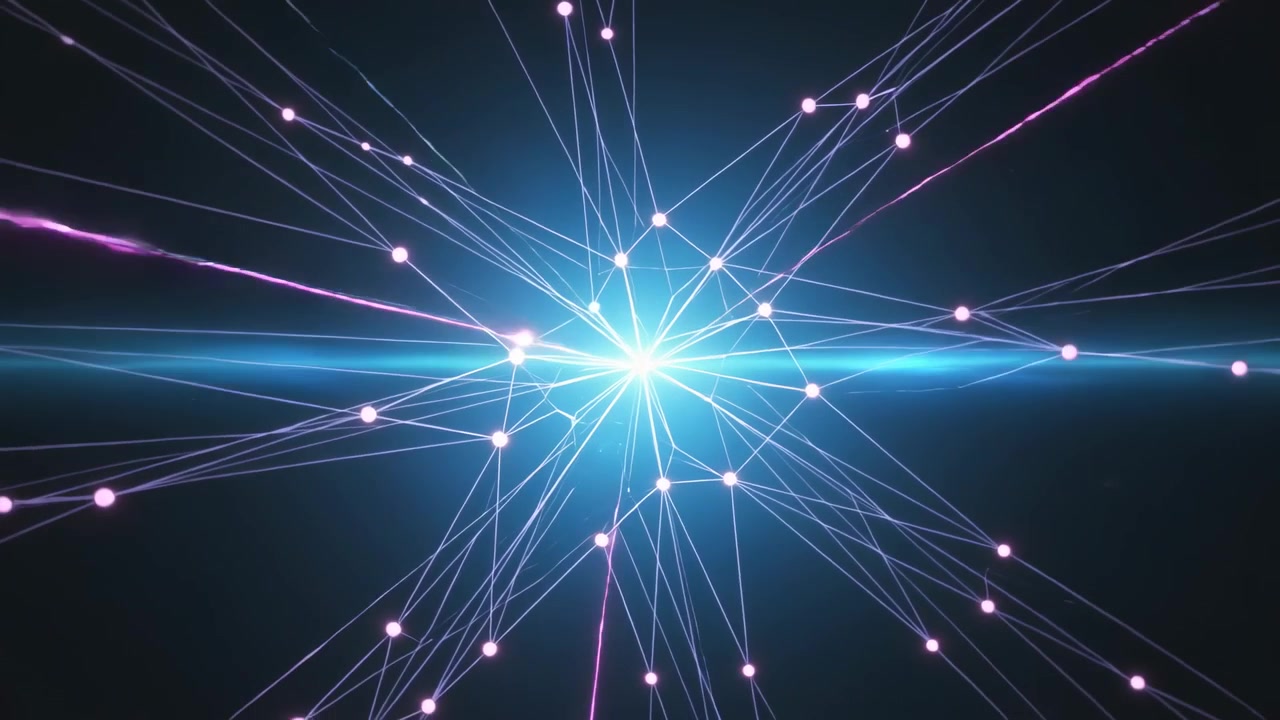 Pulsing nodal web sending violet streaks across void, with horizontal blue flare, blinking nodes