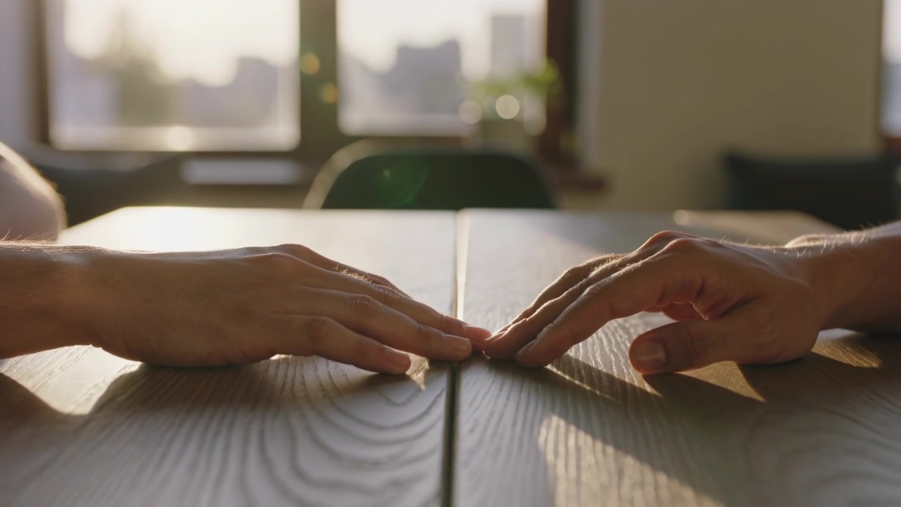 Close up of hands resting on a wooden table in warm afternoon sunlight