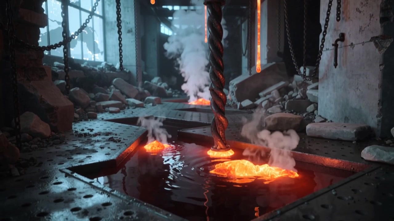 Una struttura che perde emette filamenti fusi che cadono in una fossa metallica in una fabbrica in rovina, colpendo un'asta contorta.